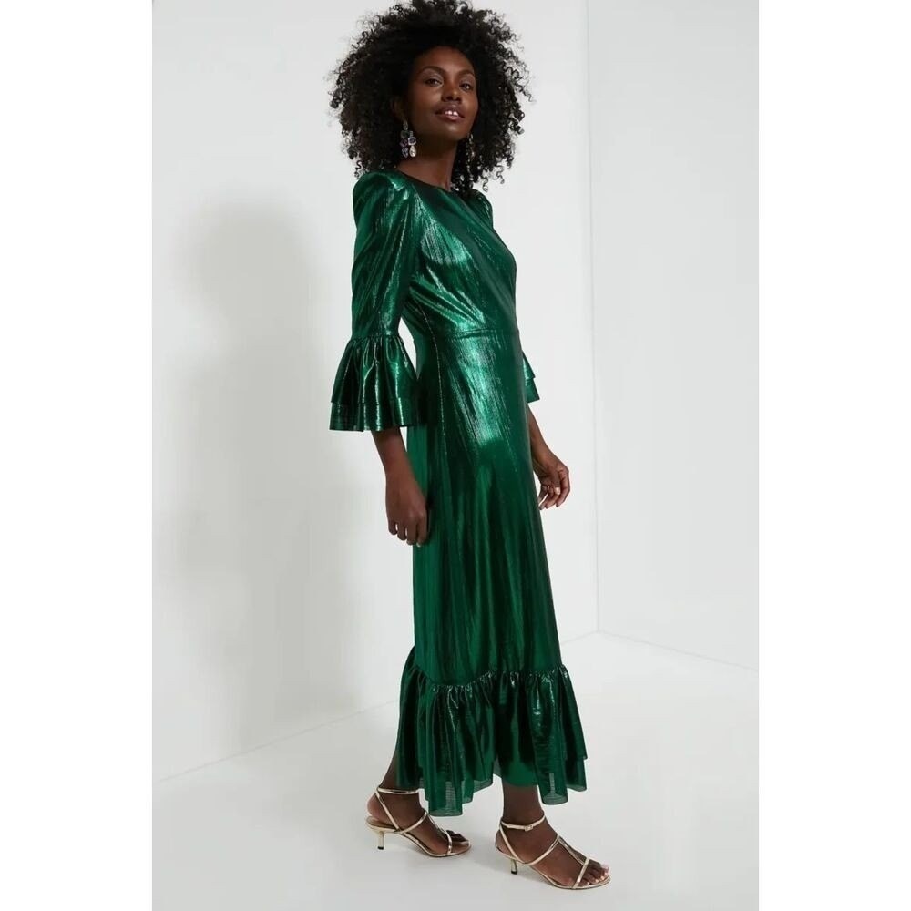 Tuckernuck Pomander Place Emerald Green Lurex Crinkle Lillith Maxi Dress NWT XXS